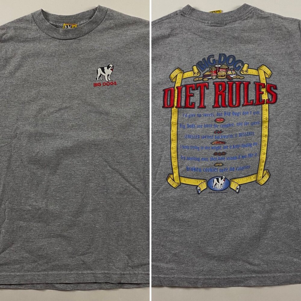 Vintage Y2K Big Dogs Diet Rules T Shirt Men's Size Small / Medium Gray Cotton